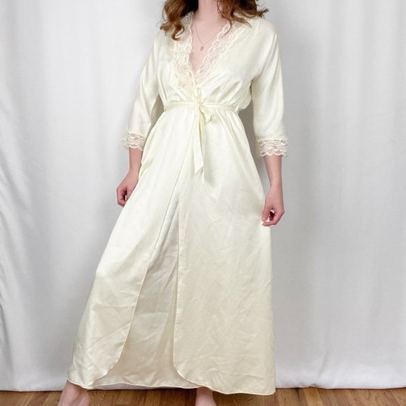 Vintage Silky Nightgown Maxi Slip Dress Set House Coat Robe Mid Century Pajamas - Picture 7 of 9